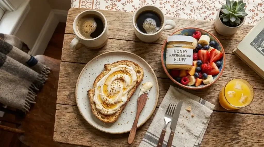 Honey marshmallow fluff spread on toast next to fresh fruit