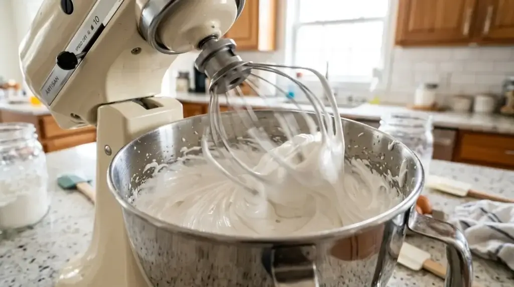 A stand mixer whisk whipping thick glossy honey gelatin fluff
