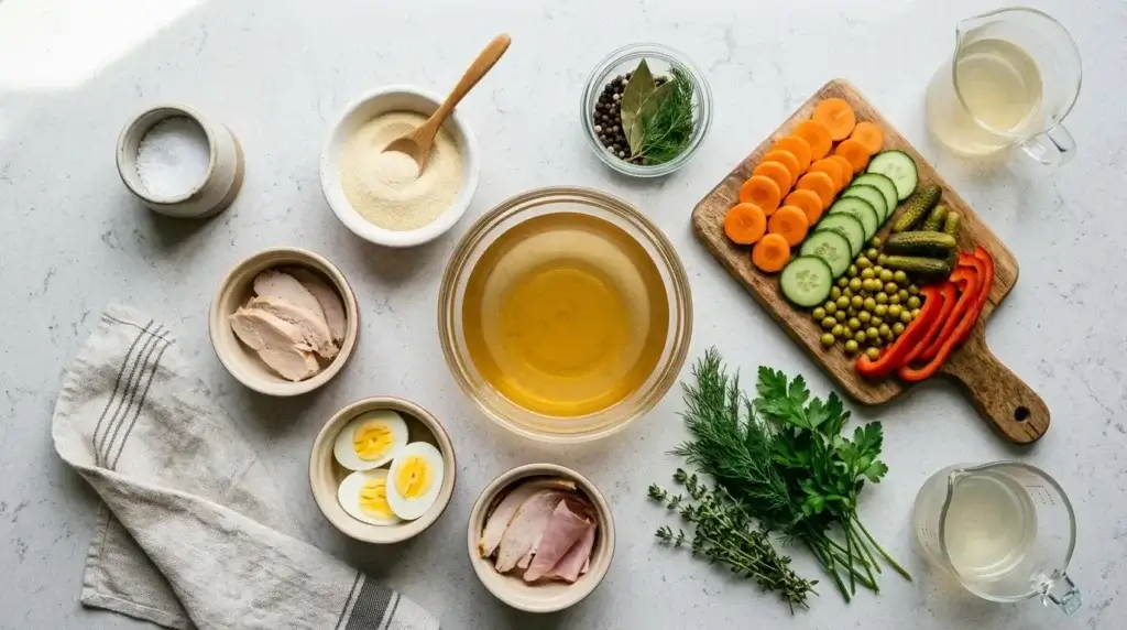 Stock, gelatin powder, sliced vegetables, and herbs arranged on a counter
