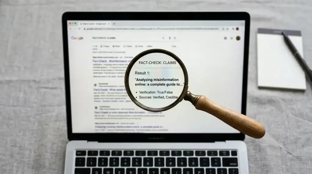 A magnifying glass over a blurred laptop screen symbolizing fact-checking