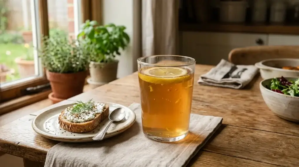 A glass of gelatin drink with lemon placed next to a plate before a meal