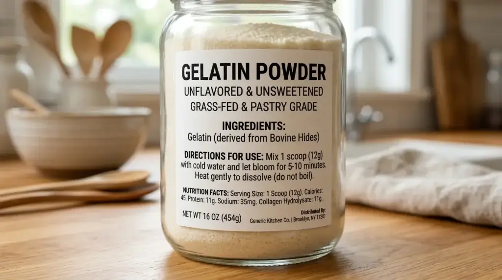 Close-up of a gelatin powder ingredient label
