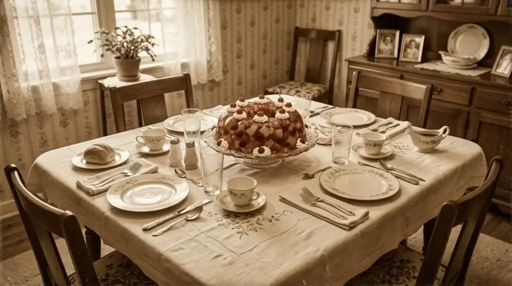 A vintage-style photo of a 1950s dinner table with a gelatin mold centerpiece