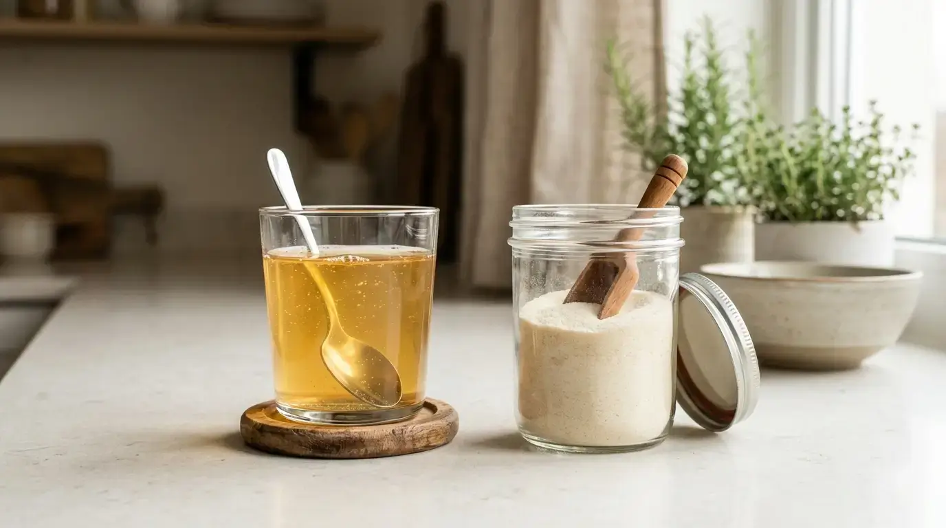 A glass of dissolved gelatin drink next to a container of gelatin powder