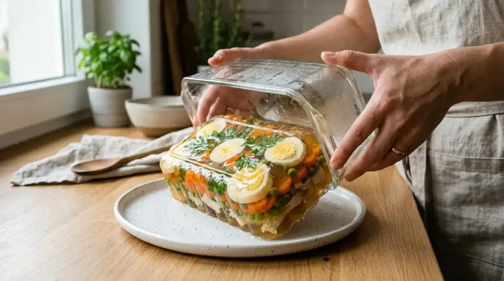 A set aspic being unmolded from a loaf pan onto a plate