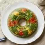 A molded savory aspic with vegetables and herbs suspended in clear gelatin
