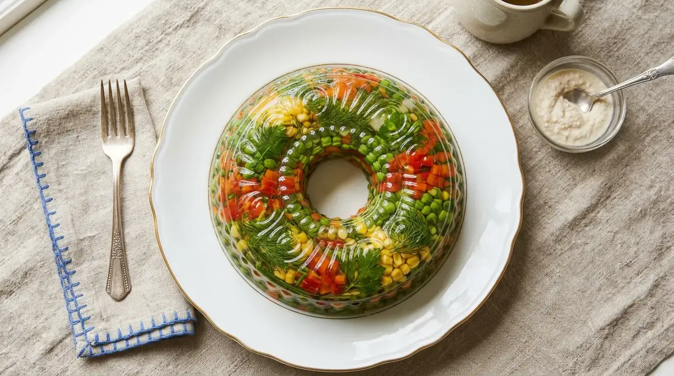 A molded savory aspic with vegetables and herbs suspended in clear gelatin