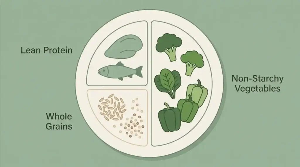 Plate structure showing protein, vegetable, and whole grain proportions