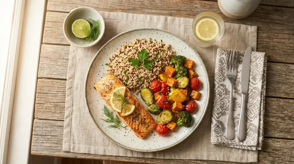 A balanced meal with protein, whole grains, and vegetables