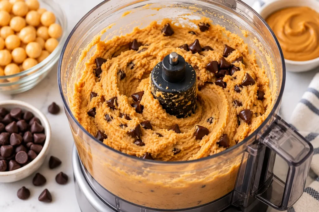 Chickpea cookie dough blended in a food processor with chocolate chips