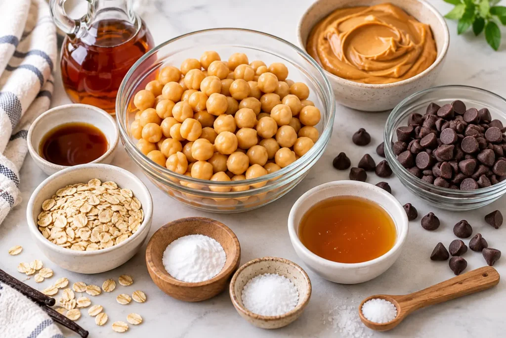 Ingredients for chickpea cookies with peanut butter and chocolate chips