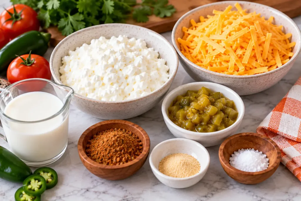 Ingredients for cottage cheese queso with cheddar and green chiles