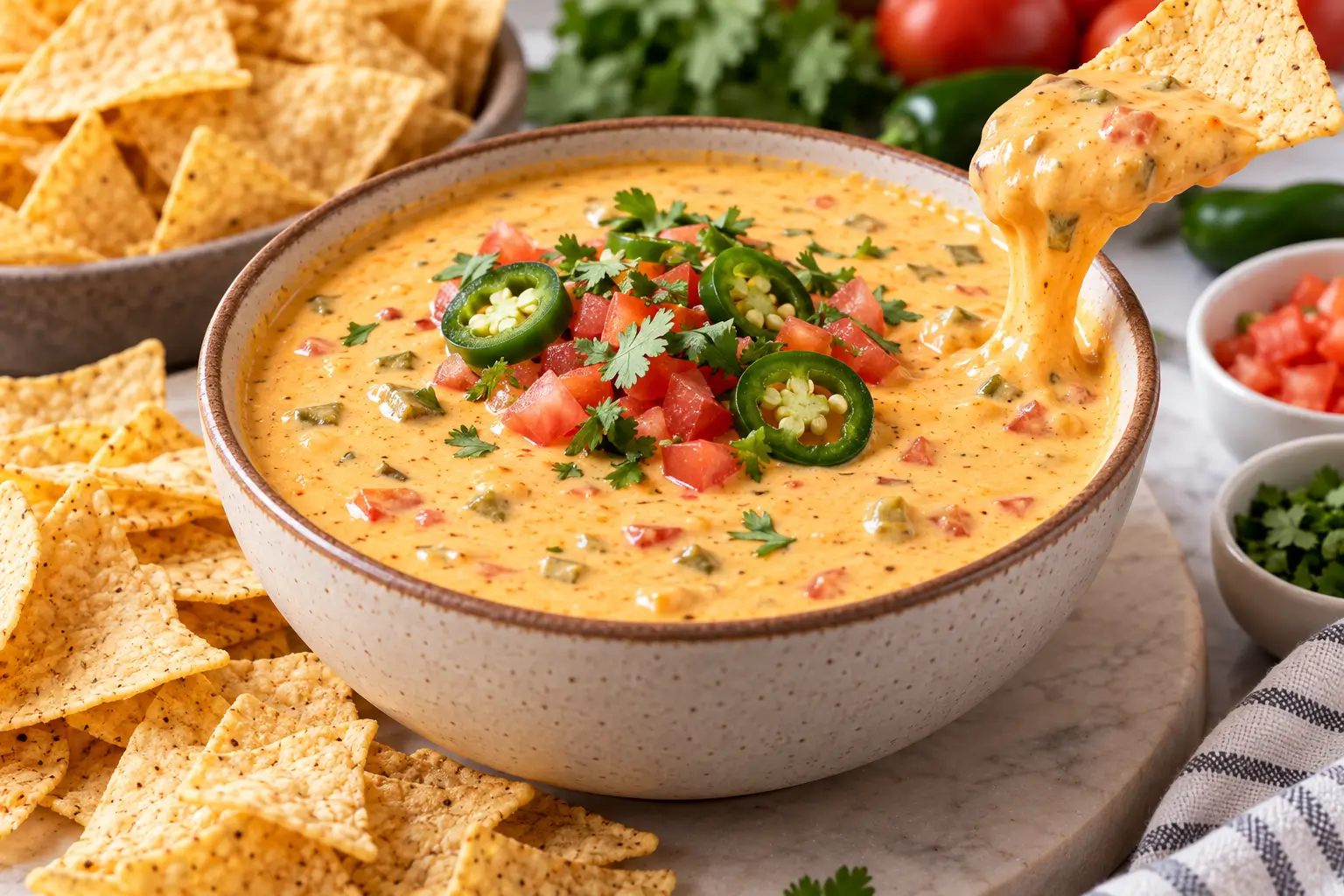 Creamy cottage cheese queso with tortilla chips and jalapeños