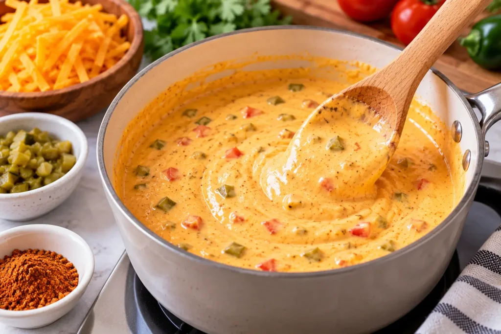 Creamy cottage cheese queso cooking in a saucepan