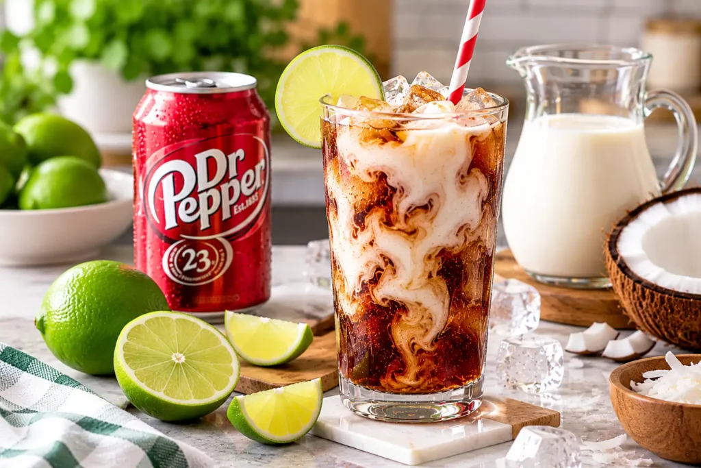 Dirty Dr Pepper recipe with coconut lime cream and ice
