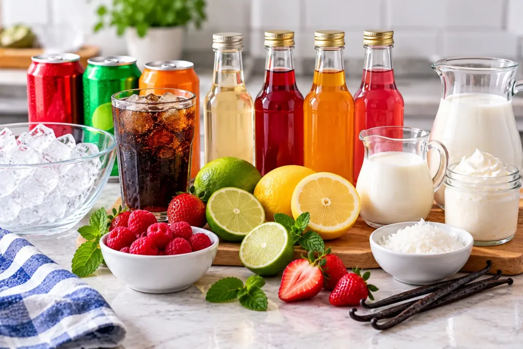 Dirty soda ingredients with soda syrups cream citrus fruit and ice