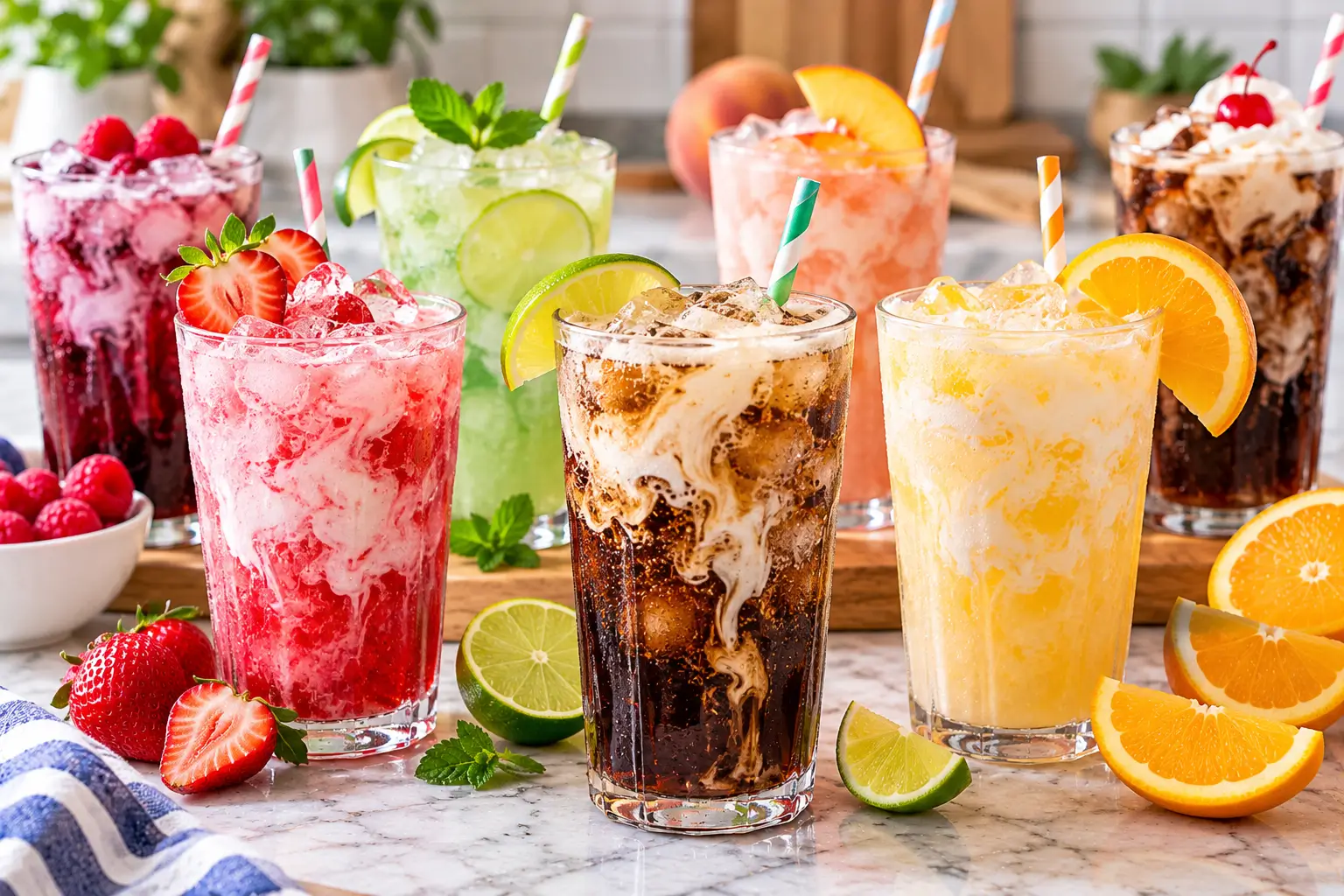 Assortment of homemade dirty soda recipes with cream fruit and ice