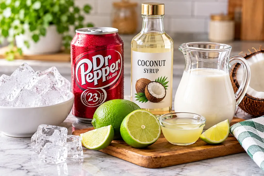 Dr Pepper dirty soda ingredients with coconut syrup lime cream and ice