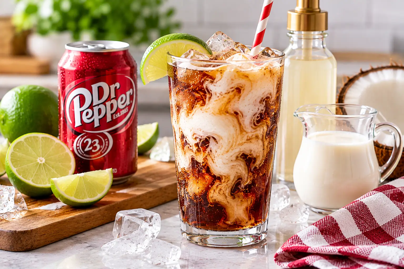 Dr Pepper dirty soda with coconut cream lime and ice