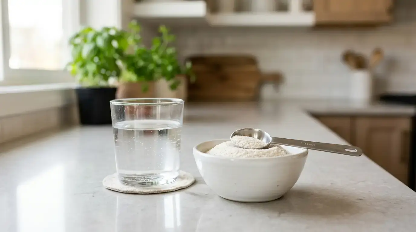 A glass of water next to a bowl of white fiber powder and a measuring spoon