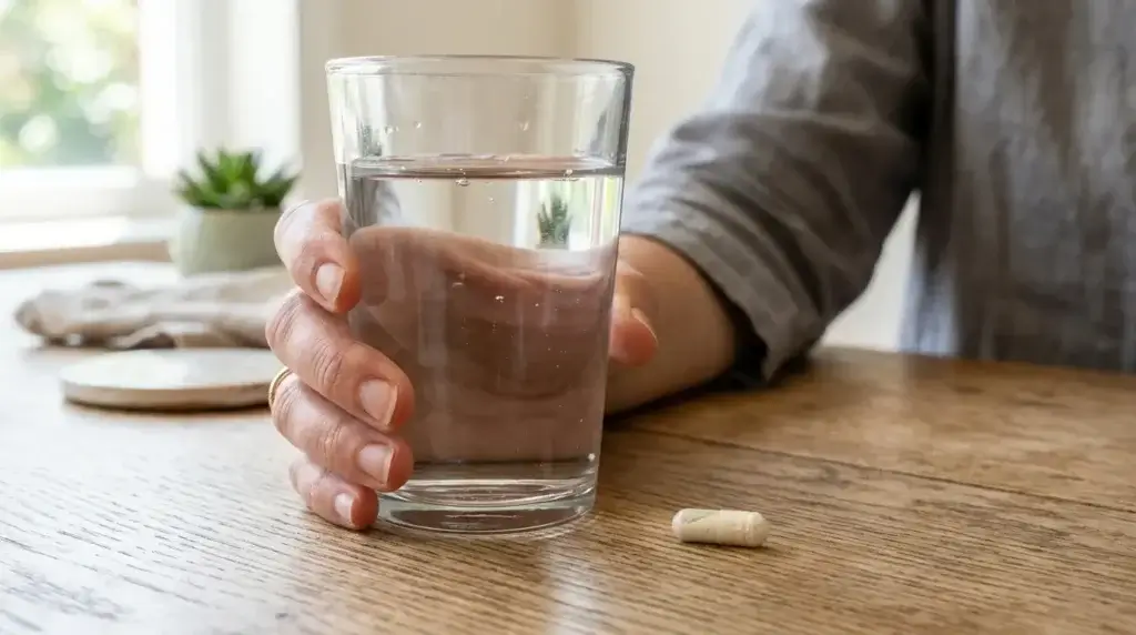 A hand holding a large glass of water next to a supplement capsule