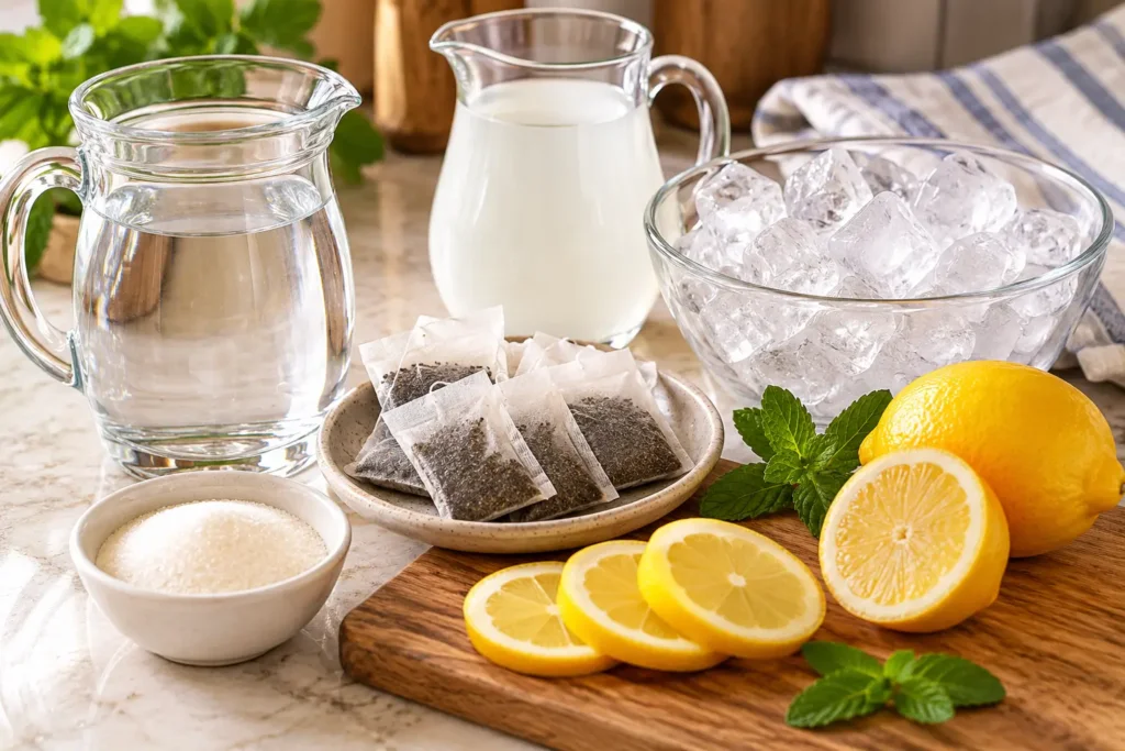 Ingredients for homemade iced tea with tea bags lemon and ice