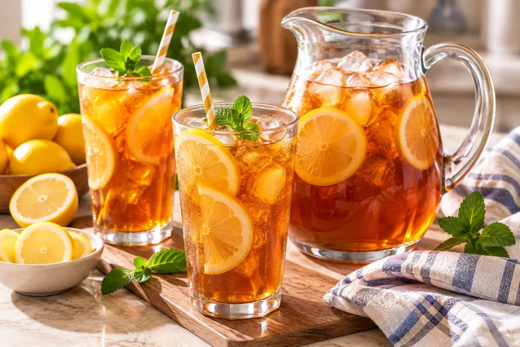 Homemade iced tea with lemon mint and ice
