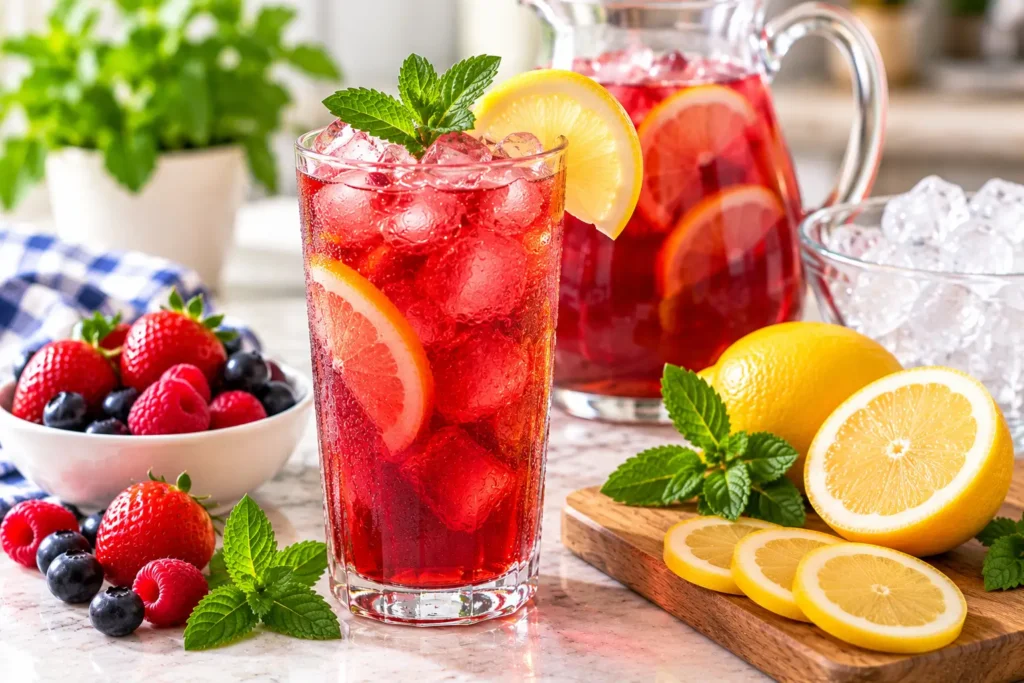 Homemade loaded tea with lemon mint berries and ice