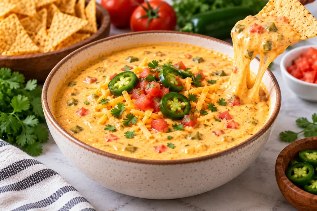 Cottage cheese queso dip topped with jalapeños tomatoes and cilantro