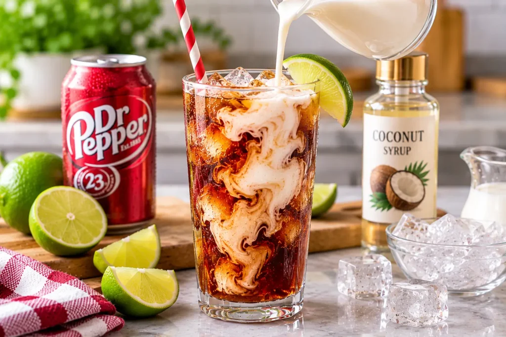Cream being poured into Dr Pepper dirty soda with lime and ice
