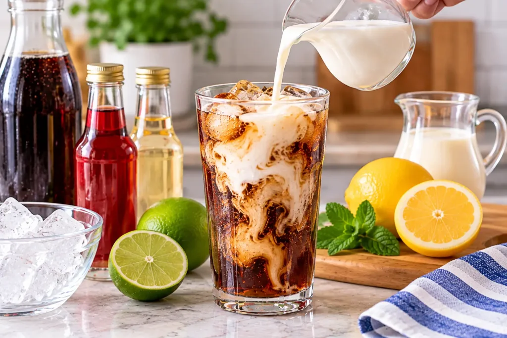Cream being poured into cola and ice to make dirty soda