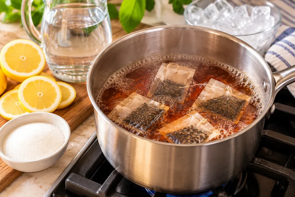 Black tea bags steeping in hot water for homemade iced tea