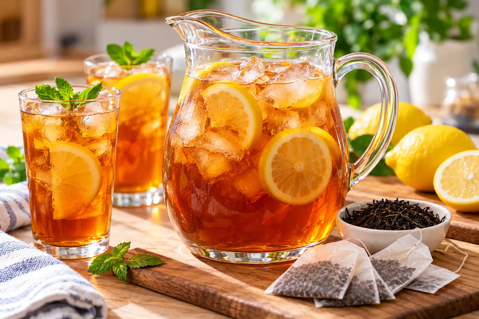 Homemade iced tea with lemon and ice