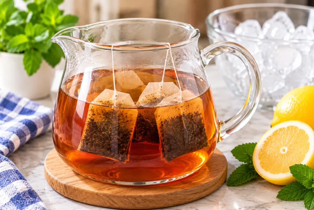 Tea bags steeping in hot water for homemade loaded tea