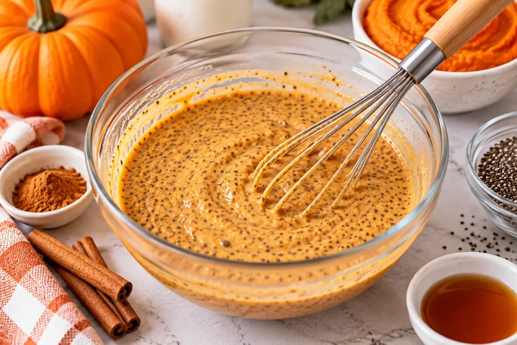 Pumpkin chia pudding mixture with chia seeds in a mixing bowl