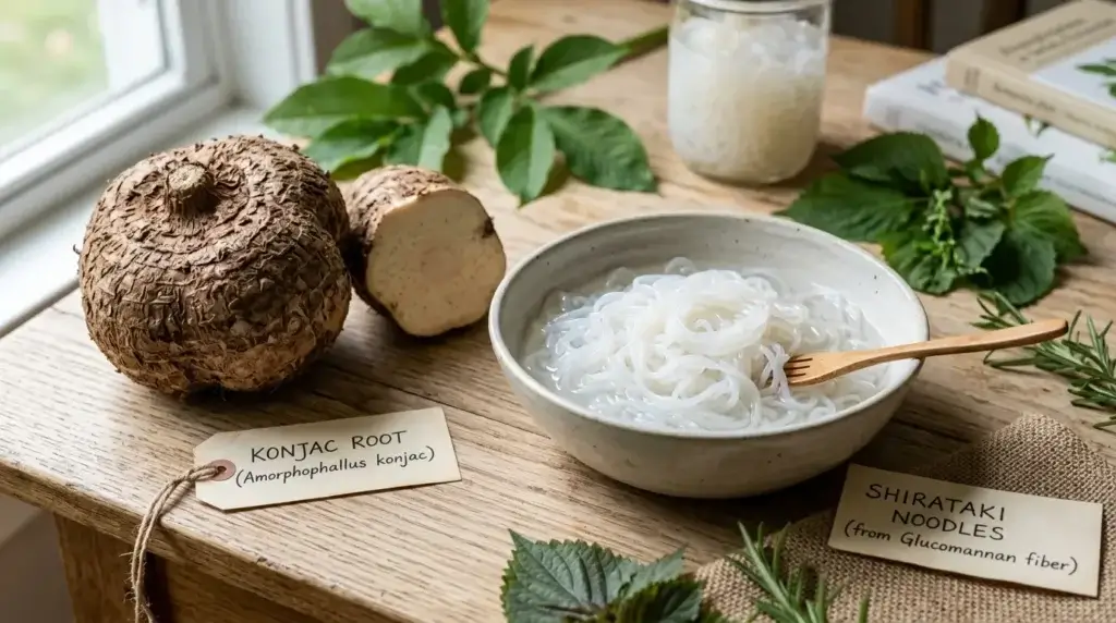 Konjac root next to shirataki noodles