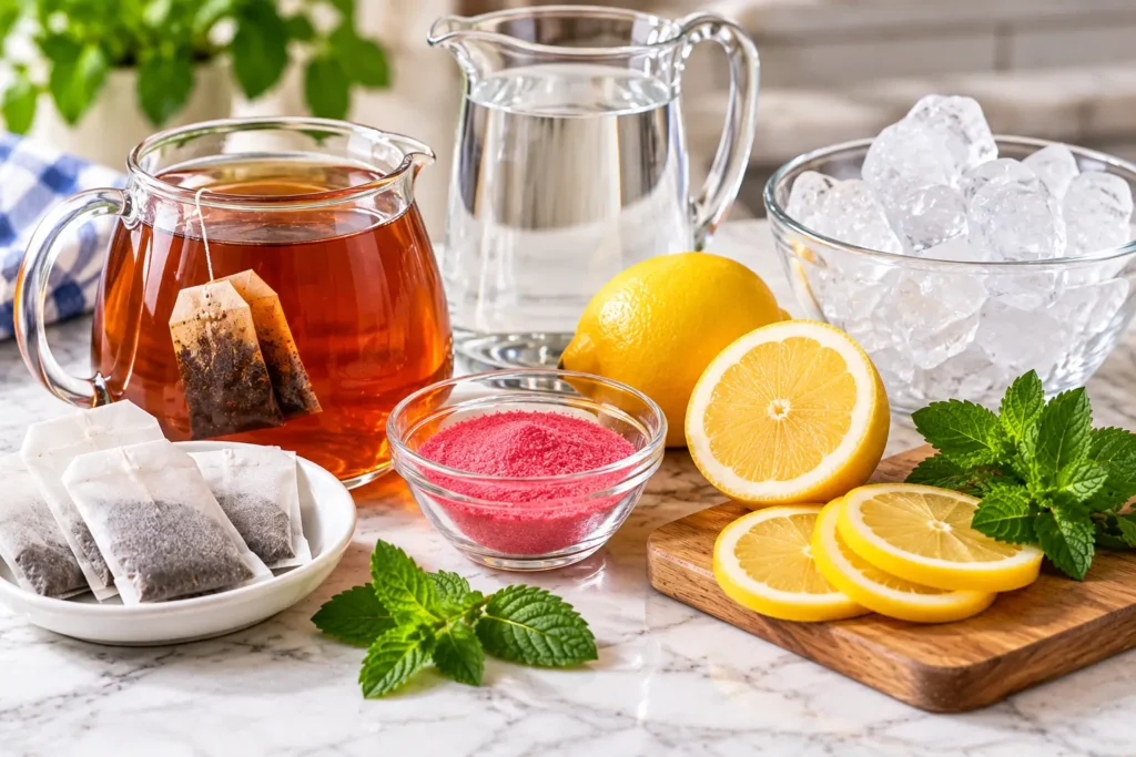 Ingredients for homemade loaded tea with tea lemon and ice