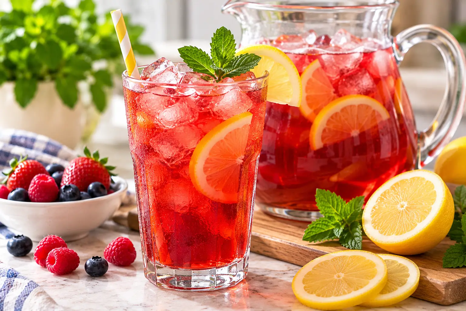 Homemade loaded tea with lemon berries mint and ice