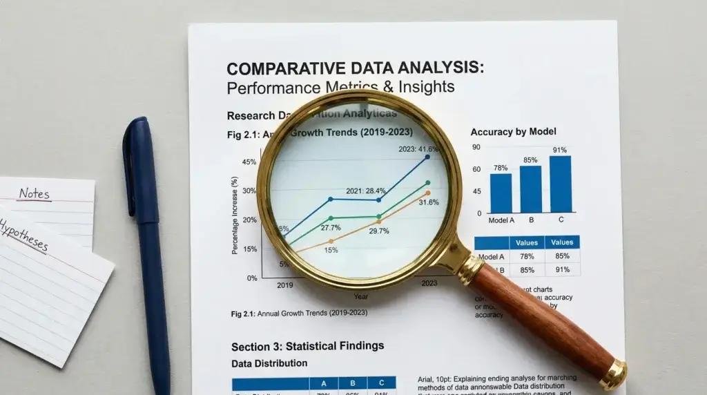 A magnifying glass over printed research charts