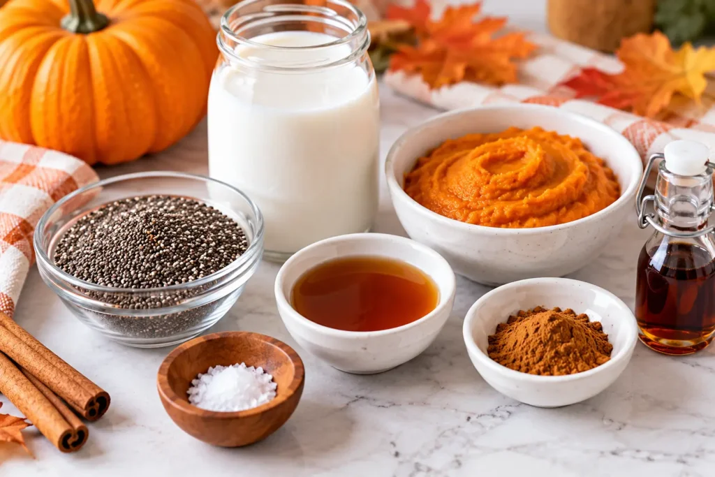 Ingredients for pumpkin chia pudding with chia seeds and pumpkin puree