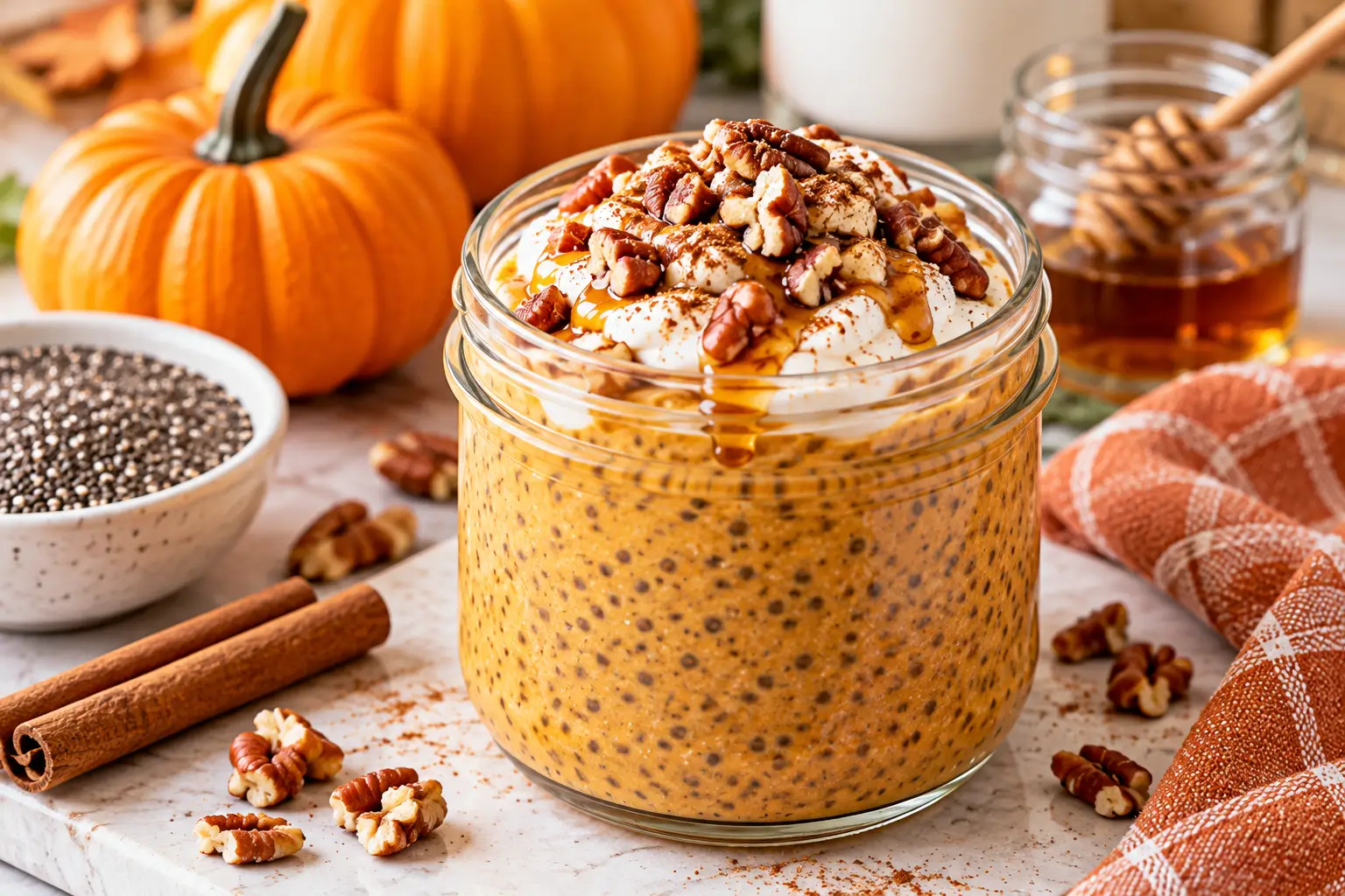 Creamy pumpkin chia pudding topped with yogurt and pecans