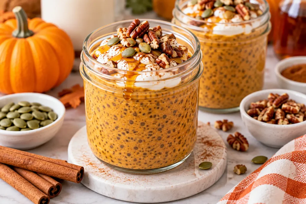 Pumpkin chia seed pudding topped with yogurt pecans and pumpkin seeds
