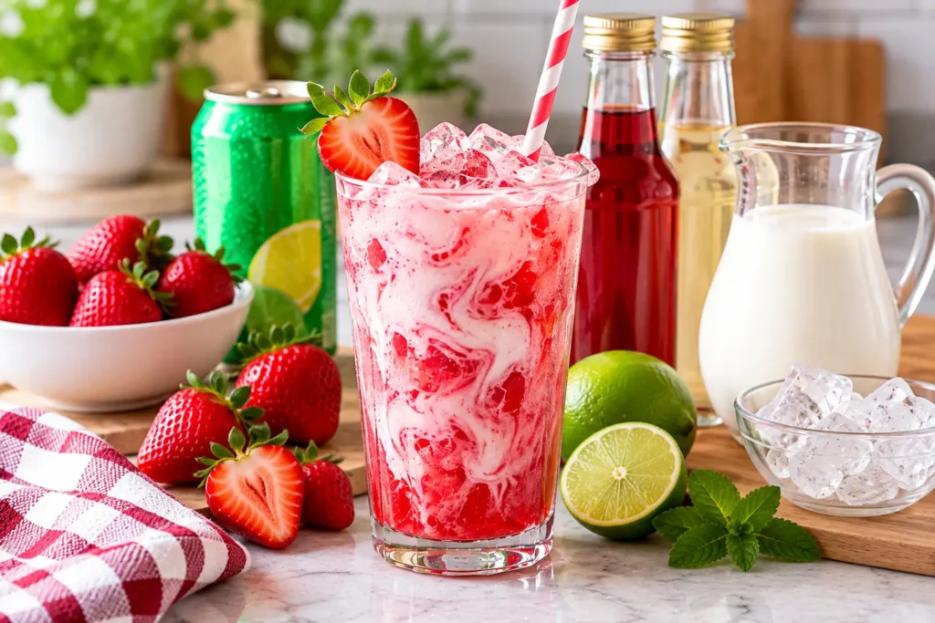 Strawberry dirty soda with cream fresh strawberries and ice