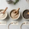 Three small bowls of glucomannan powder, psyllium husk, and chia seeds side by side