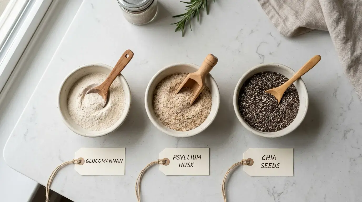 Three small bowls of glucomannan powder, psyllium husk, and chia seeds side by side
