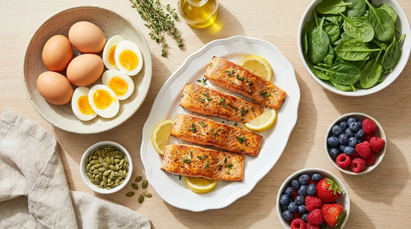 Eggs, salmon, spinach, pumpkin seeds, and berries arranged on a wooden table