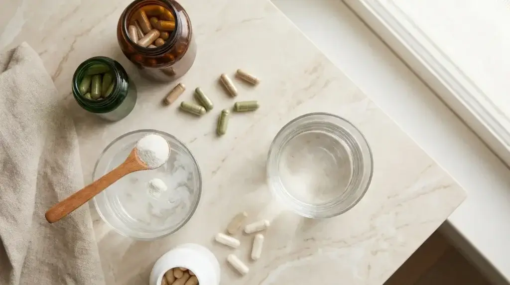 Assortment of GLP-1 supplement capsules and fiber powder for weight loss