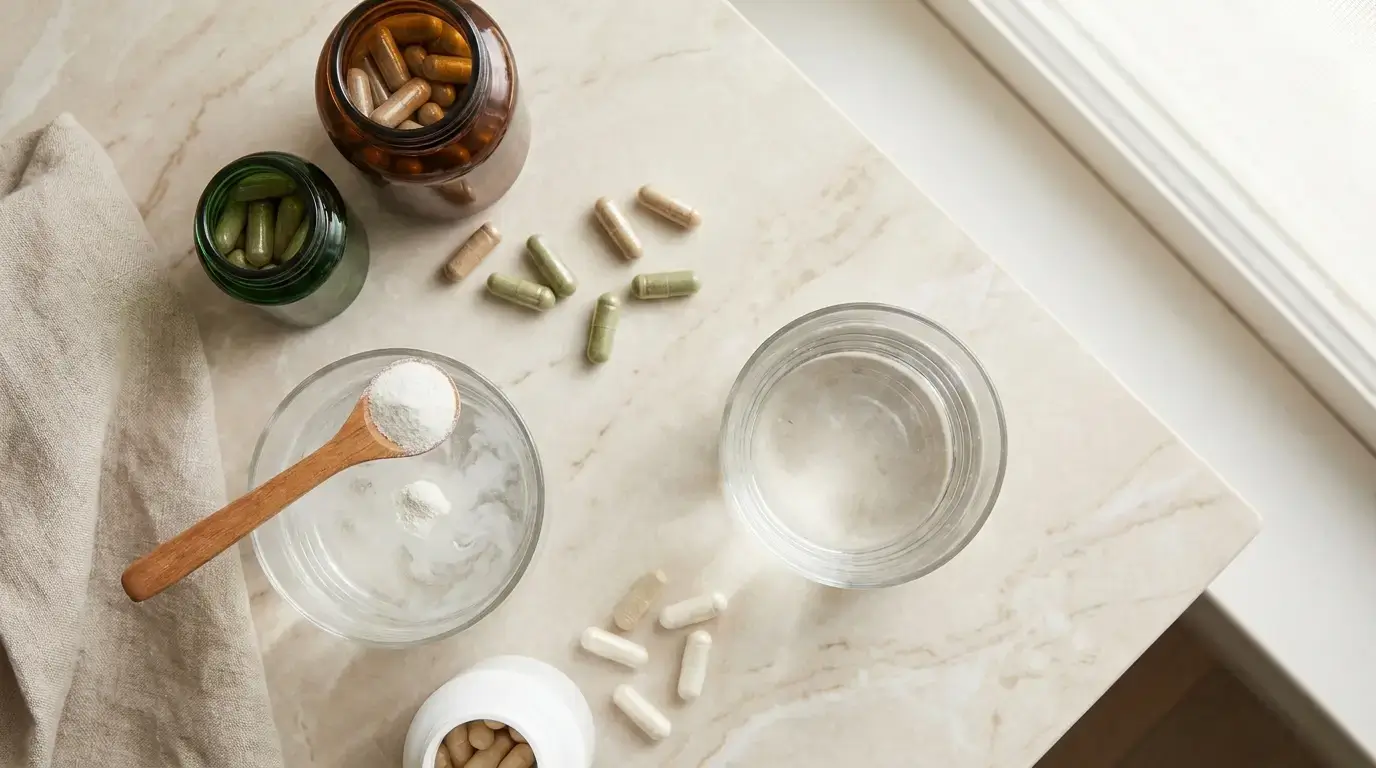 Assortment of GLP-1 supplement capsules and fiber powder for weight loss
