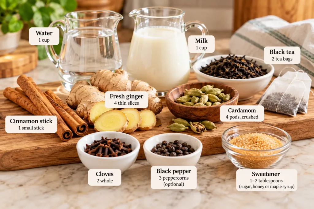 Ingredients for homemade chai tea with black tea milk and spices
