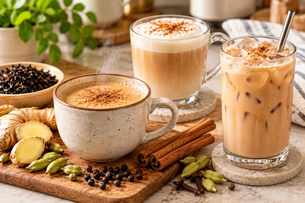 Hot chai tea latte and iced chai tea with warming spices
